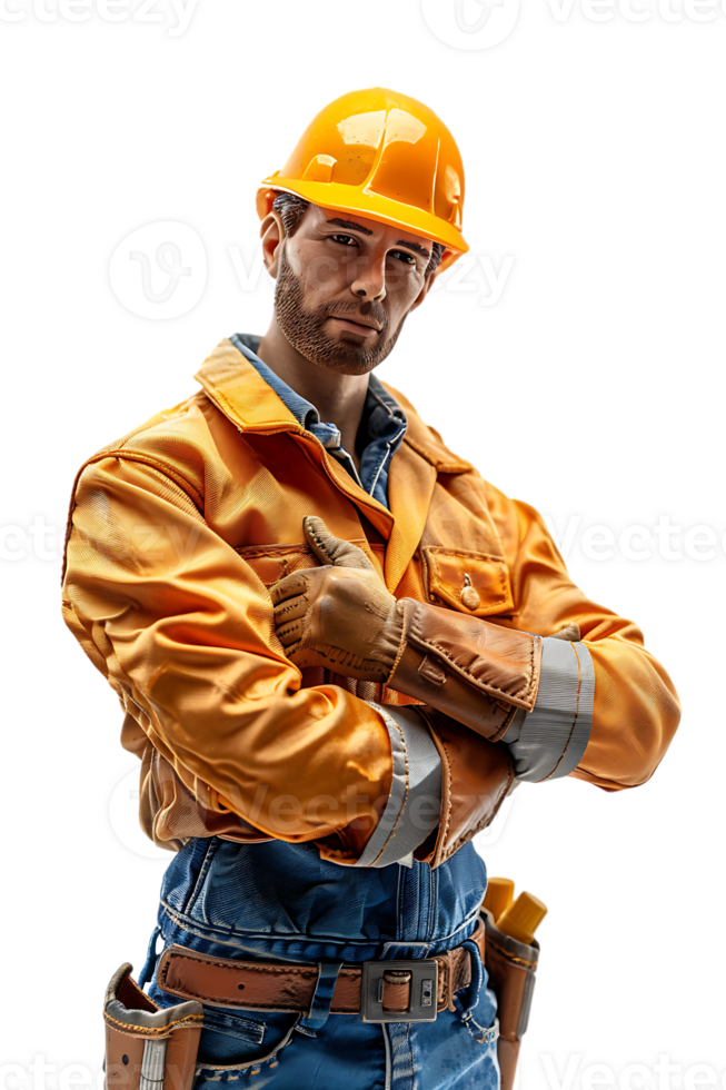 confident construction worker standing crossed arm isolated against a transparent background png