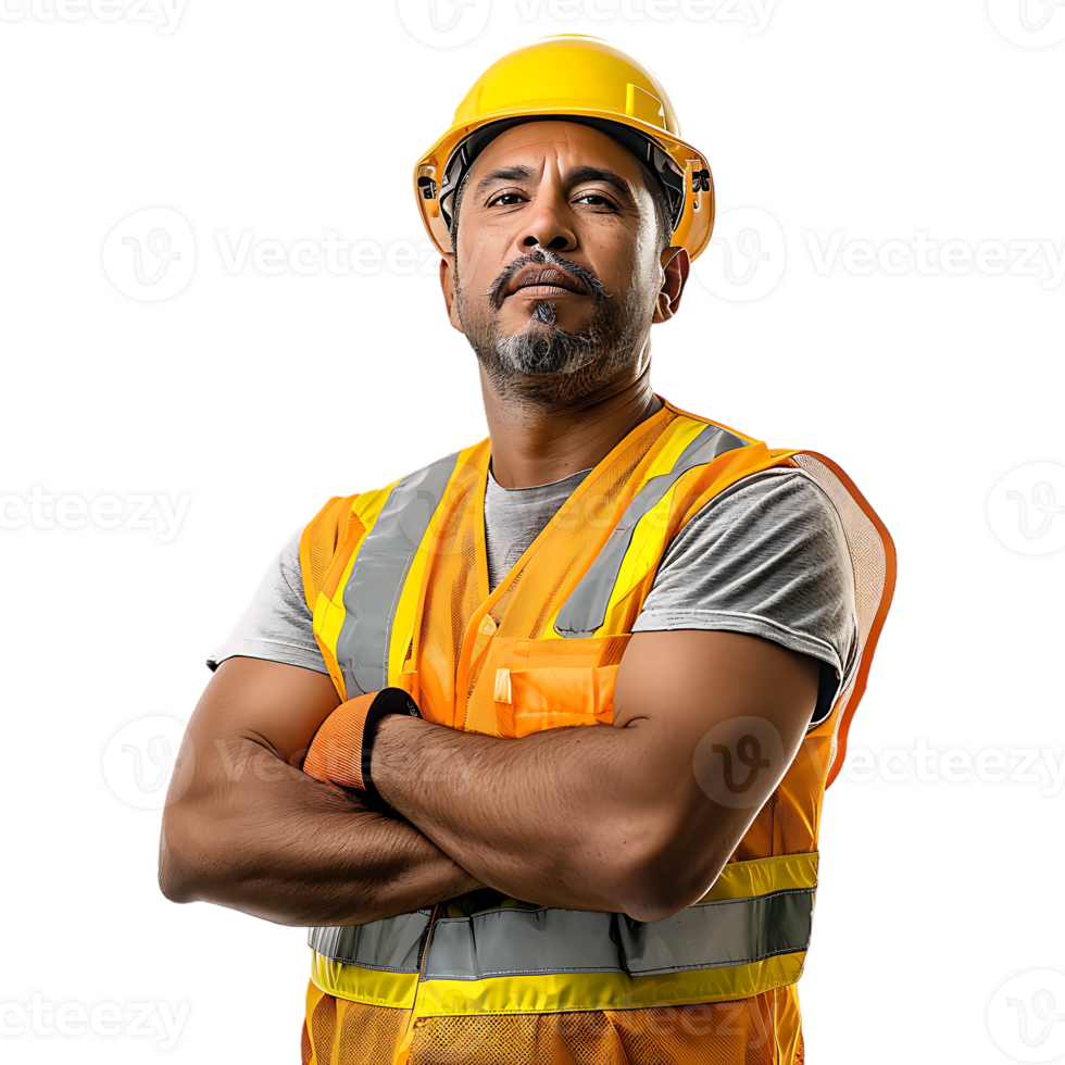 confident construction worker standing crossed arm isolated against a transparent background png