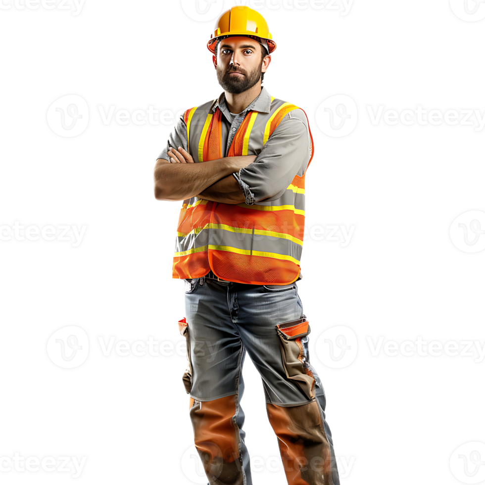 confident construction worker standing crossed arm isolated against a transparent background png