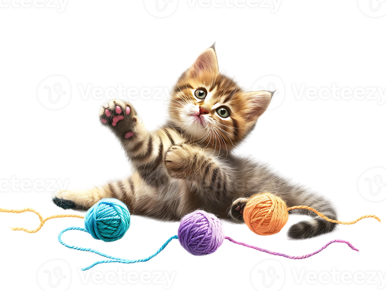 Cute kitten playing with yarn balls, isolated against a transparent background png