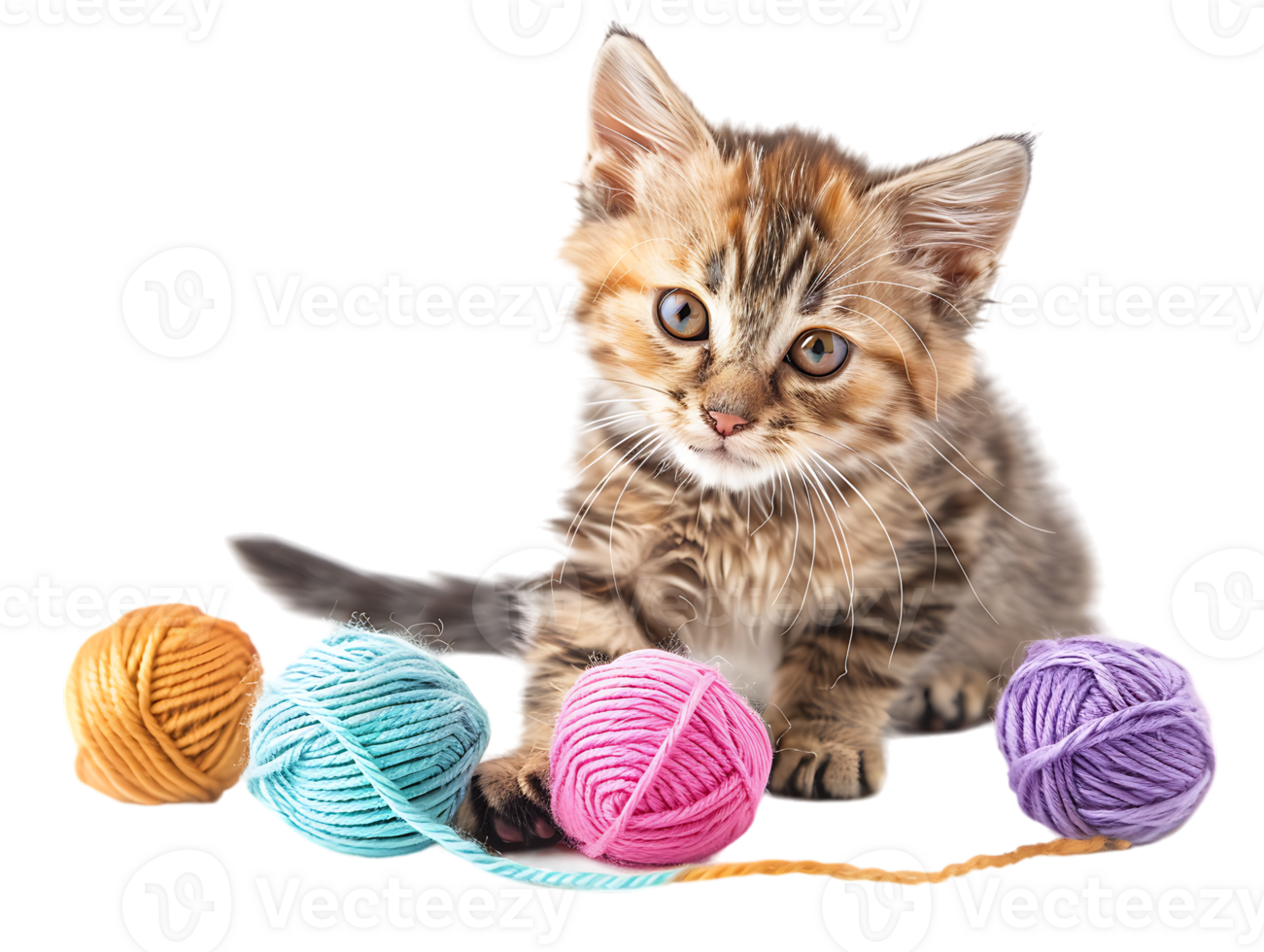 Cute kitten playing with yarn balls, isolated against a transparent background png