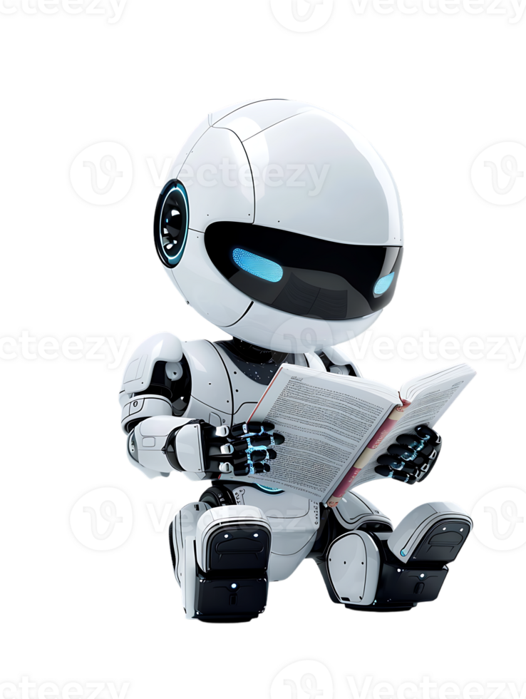 cute AI robot or chatbot reading a book, isolated png