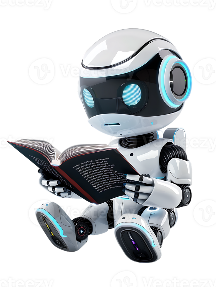 cute AI robot or chatbot reading a book, isolated png