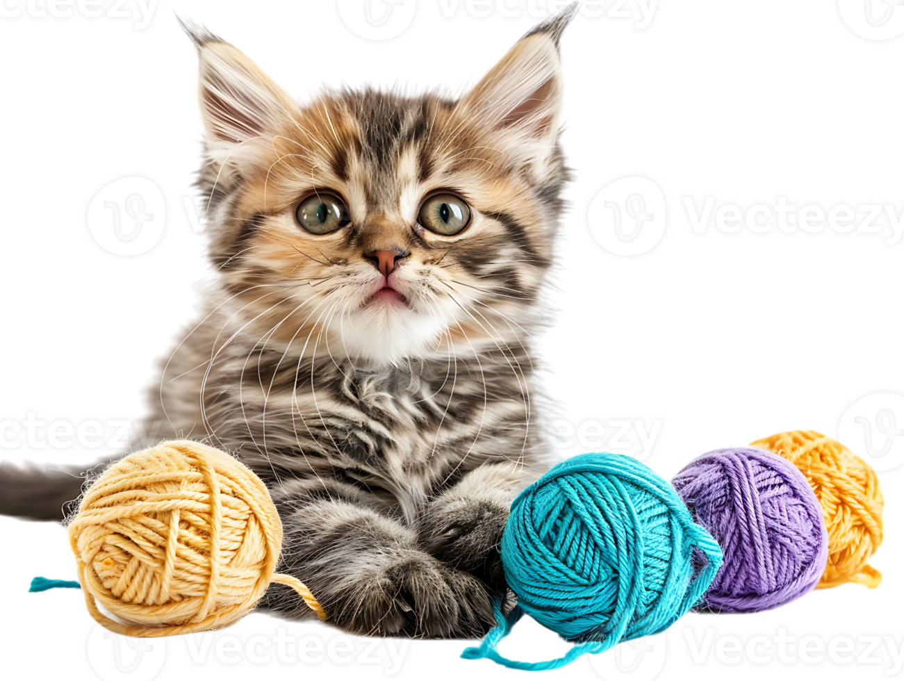 Cute kitten playing with yarn balls, isolated against a transparent background png