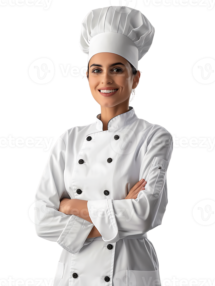 Confident smiling female chef with crossed arms, isolated against a transparent background png
