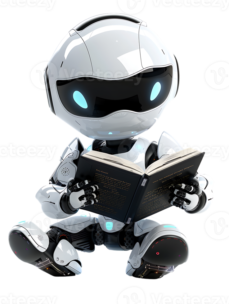 cute AI robot or chatbot reading a book, isolated png