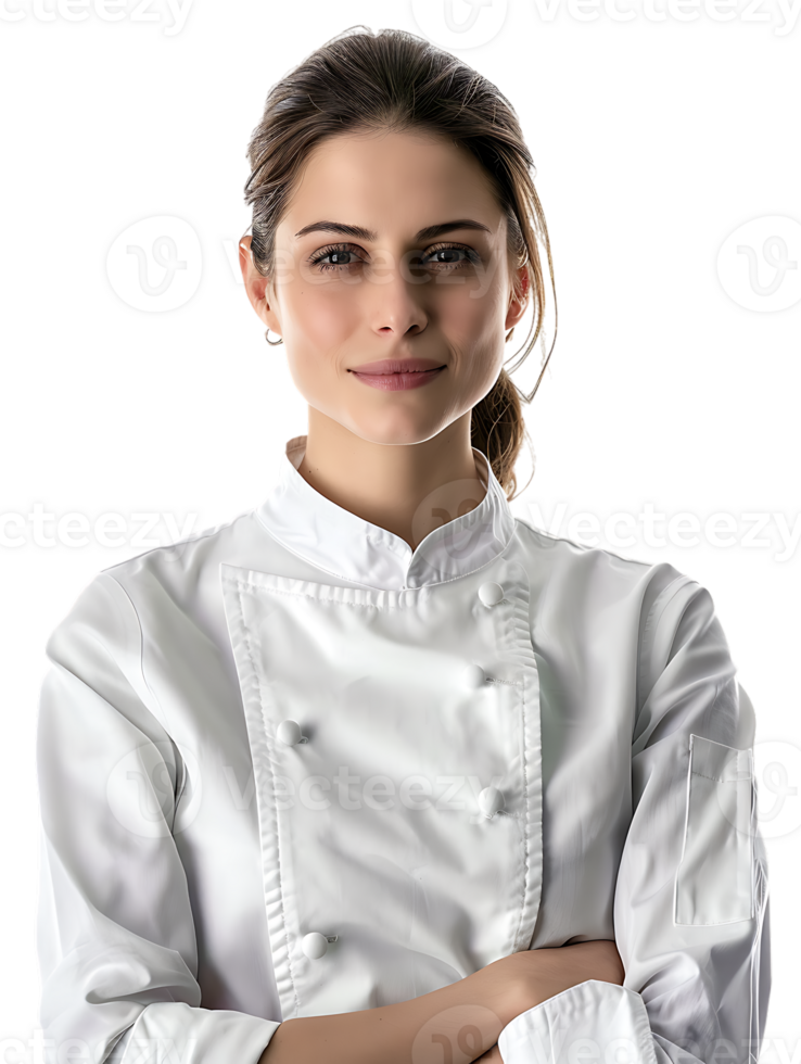 Confident smiling female chef with crossed arms, isolated against a transparent background png
