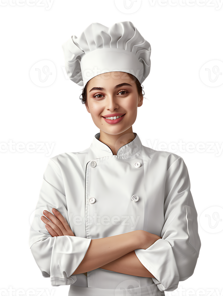 Confident smiling female chef with crossed arms, isolated against a transparent background png
