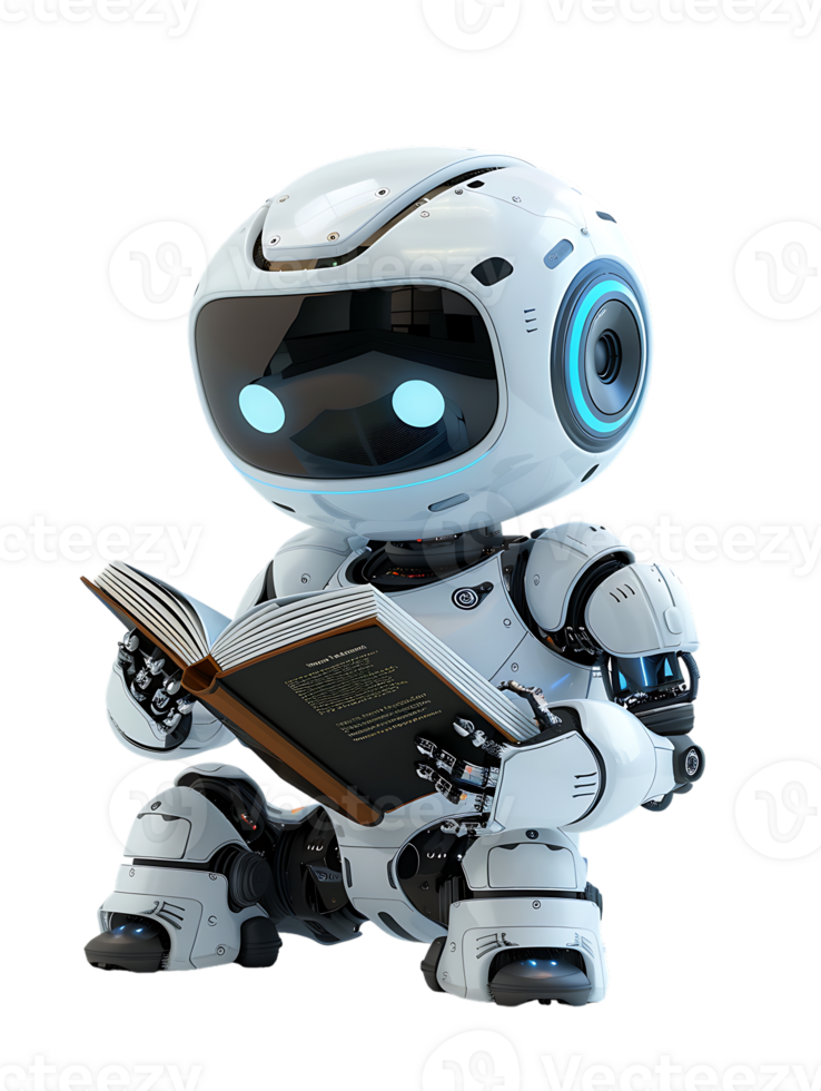 cute AI robot or chatbot reading a book, isolated png