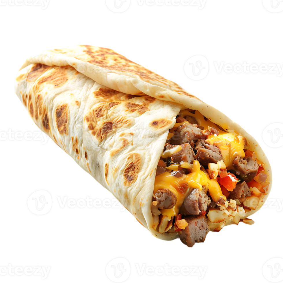 delicious Spanish breakfast burrito, all by itself against a transparent background png