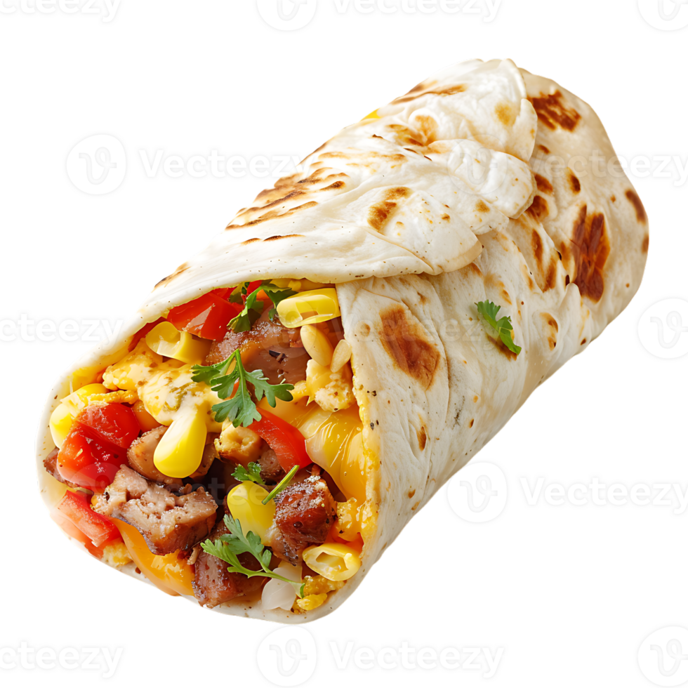 delicious Spanish breakfast burrito, all by itself against a transparent background png
