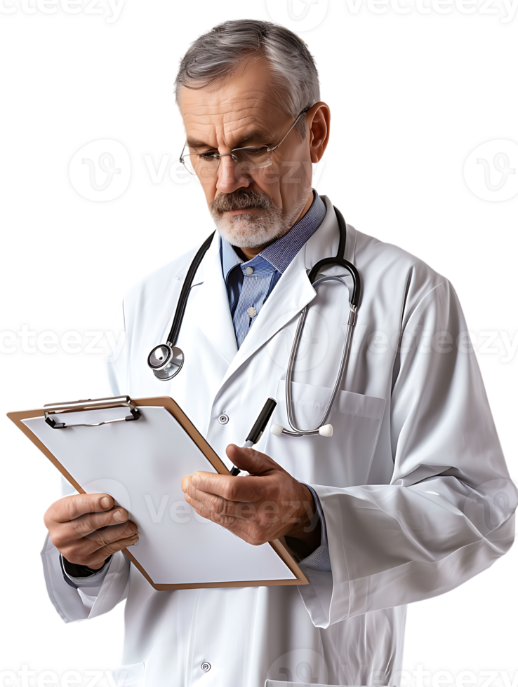 Doctor writing on a clipboard, isolated against a transparent background png