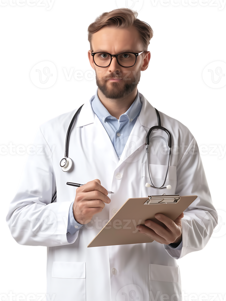 Doctor writing on a clipboard, isolated against a transparent background png