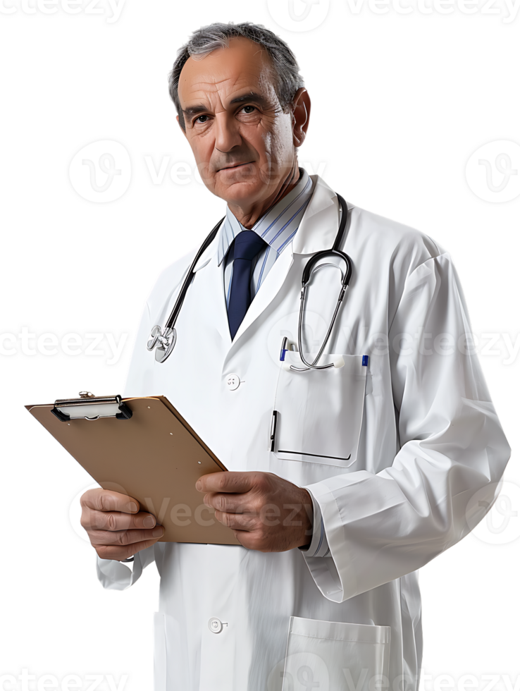 Doctor writing on a clipboard, isolated against a transparent background png