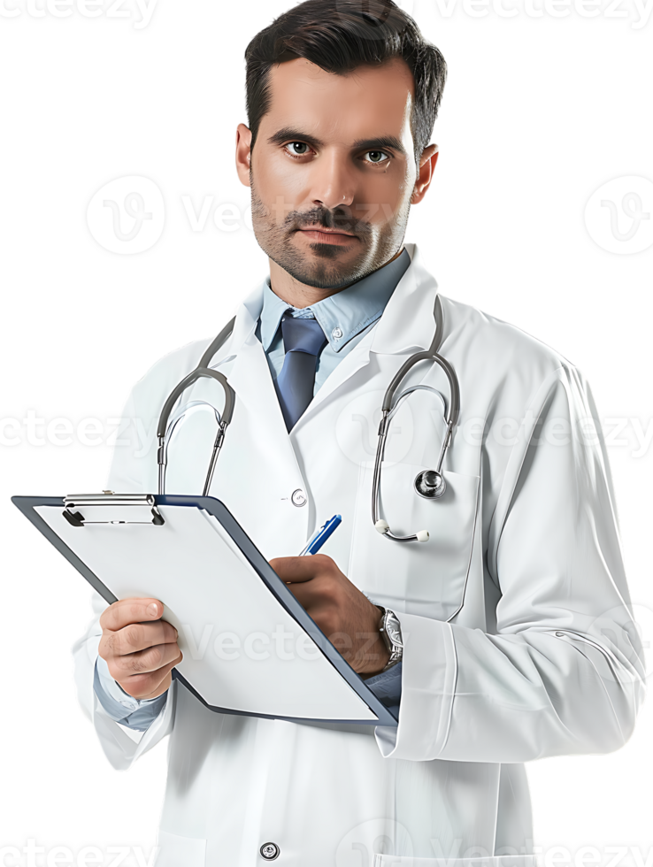 Doctor writing on a clipboard, isolated against a transparent background png