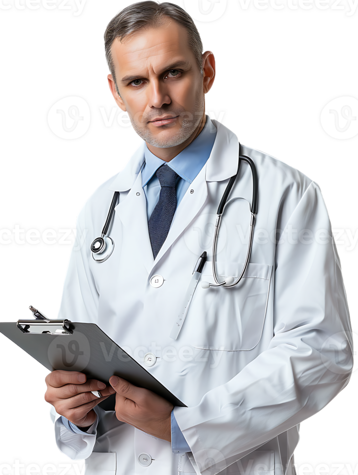 Doctor writing on a clipboard, isolated against a transparent background png
