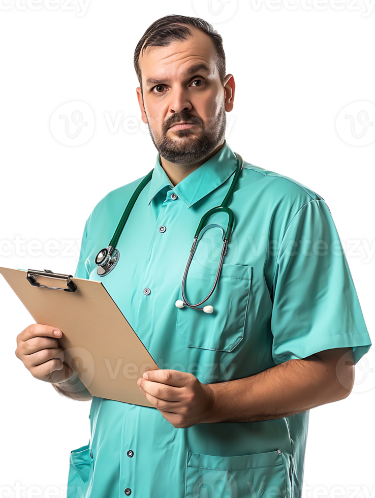 Doctor writing on a clipboard, isolated against a transparent background png