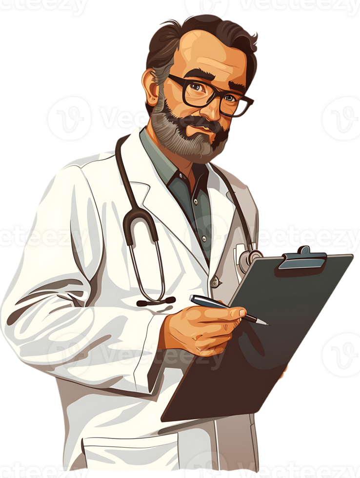 Doctor writing on a clipboard, isolated against a transparent background png