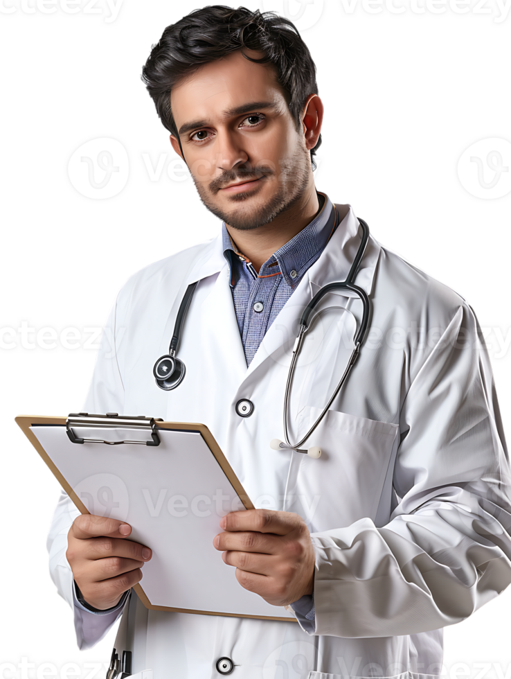 Doctor writing on a clipboard, isolated against a transparent background png