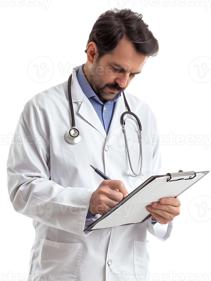 Doctor writing on a clipboard, isolated against a transparent background png