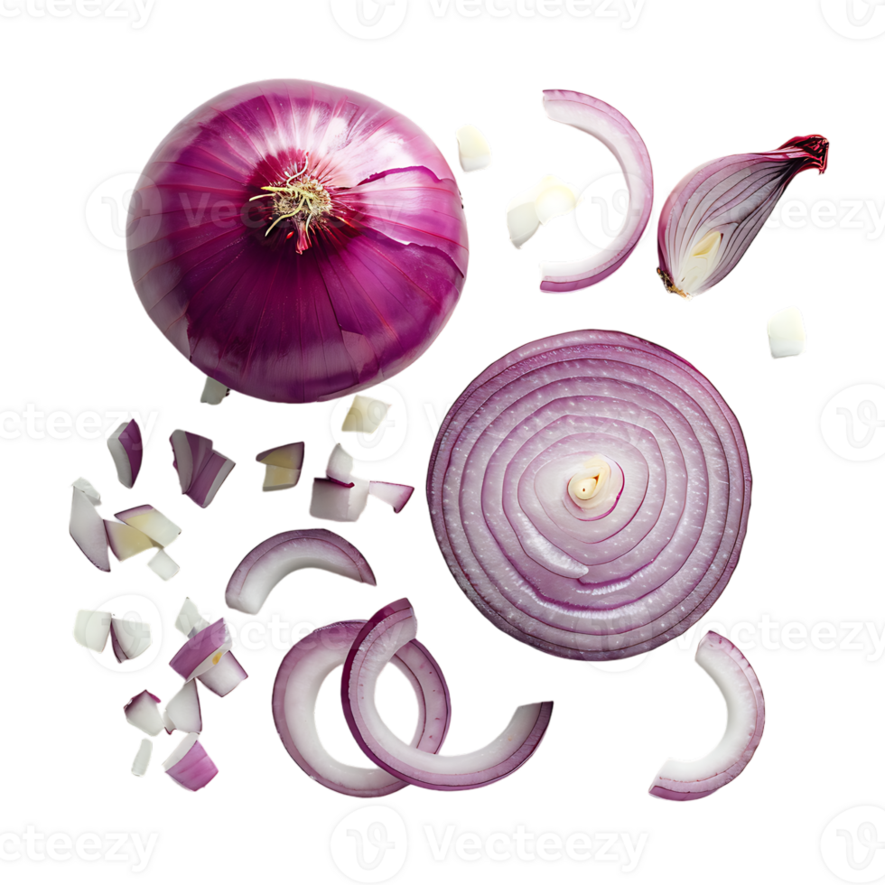 displays both whole and sliced onions, set against a transparent background png