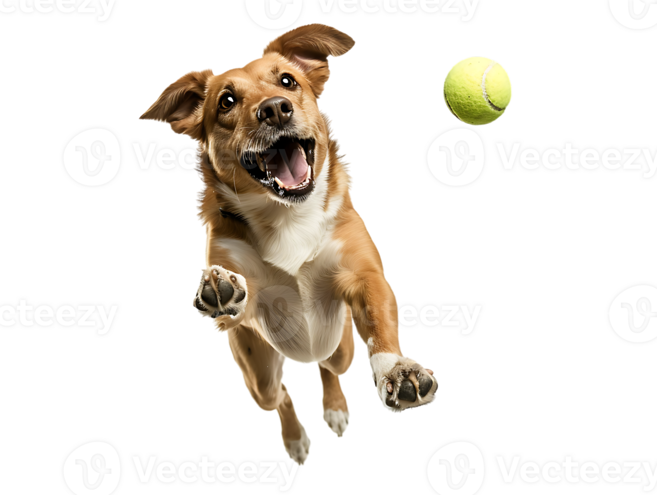 Dog playing with a tennis ball, isolated against a transparent background png