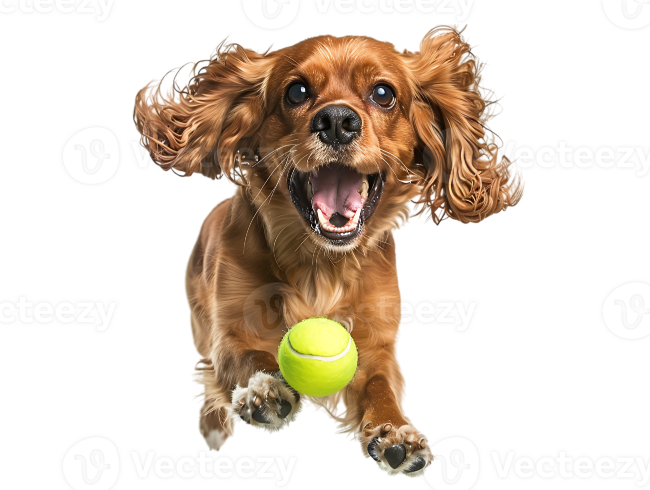Dog playing with a tennis ball, isolated against a transparent background png