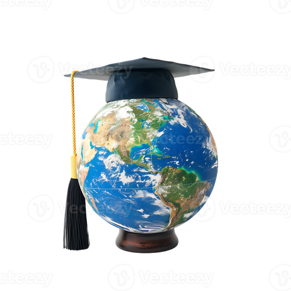 Earth globe with a graduation cap, isolated against a transparent background png