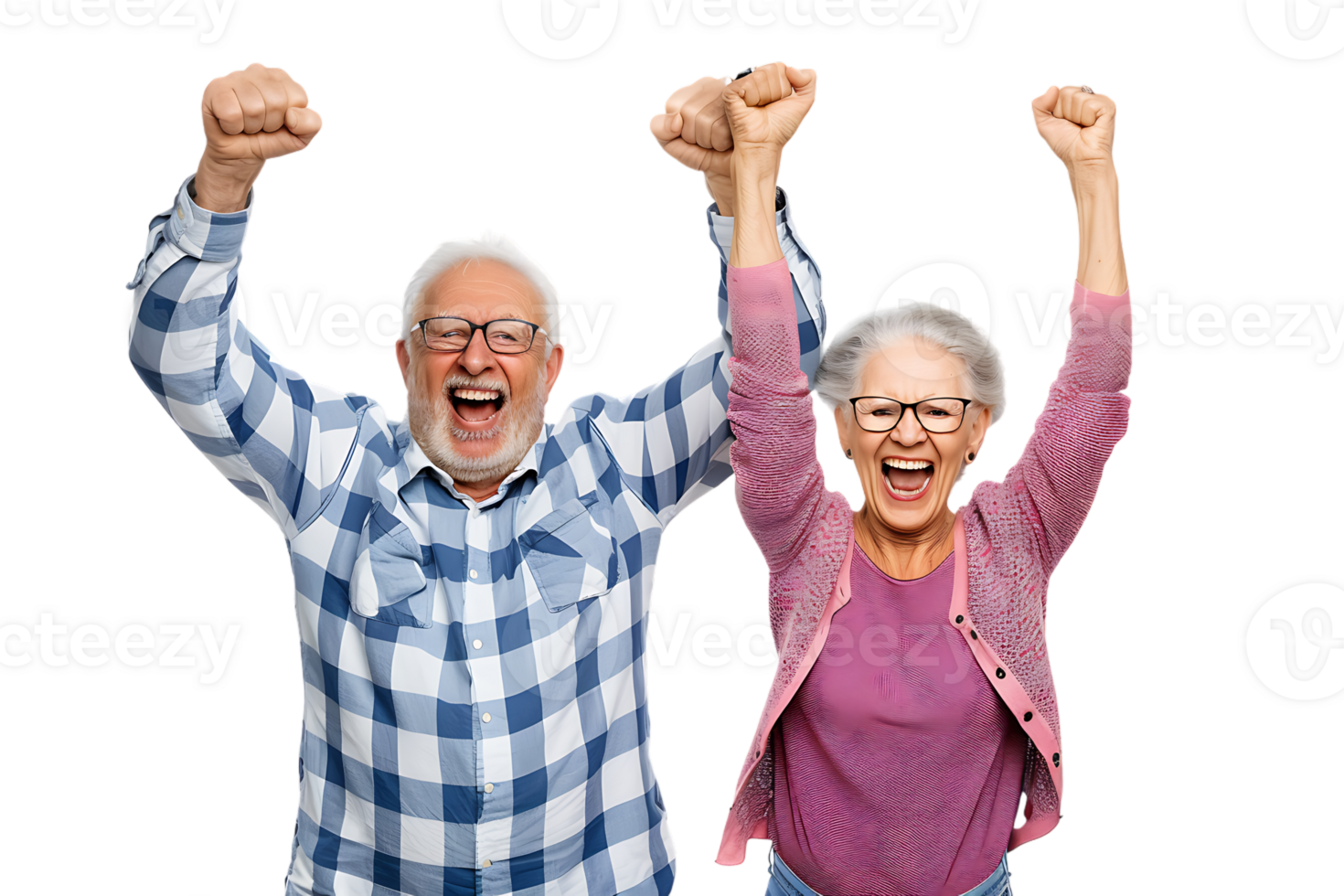 Elderly couple celebrating happily, photographed against a transparent background png