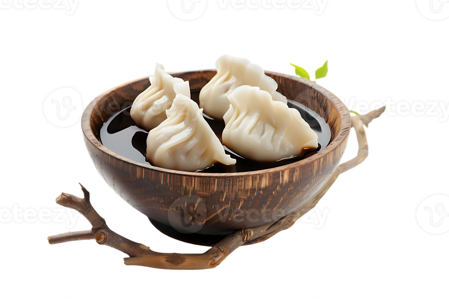 Dumplings with soya sauce on a branch, isolated against a transparent background png