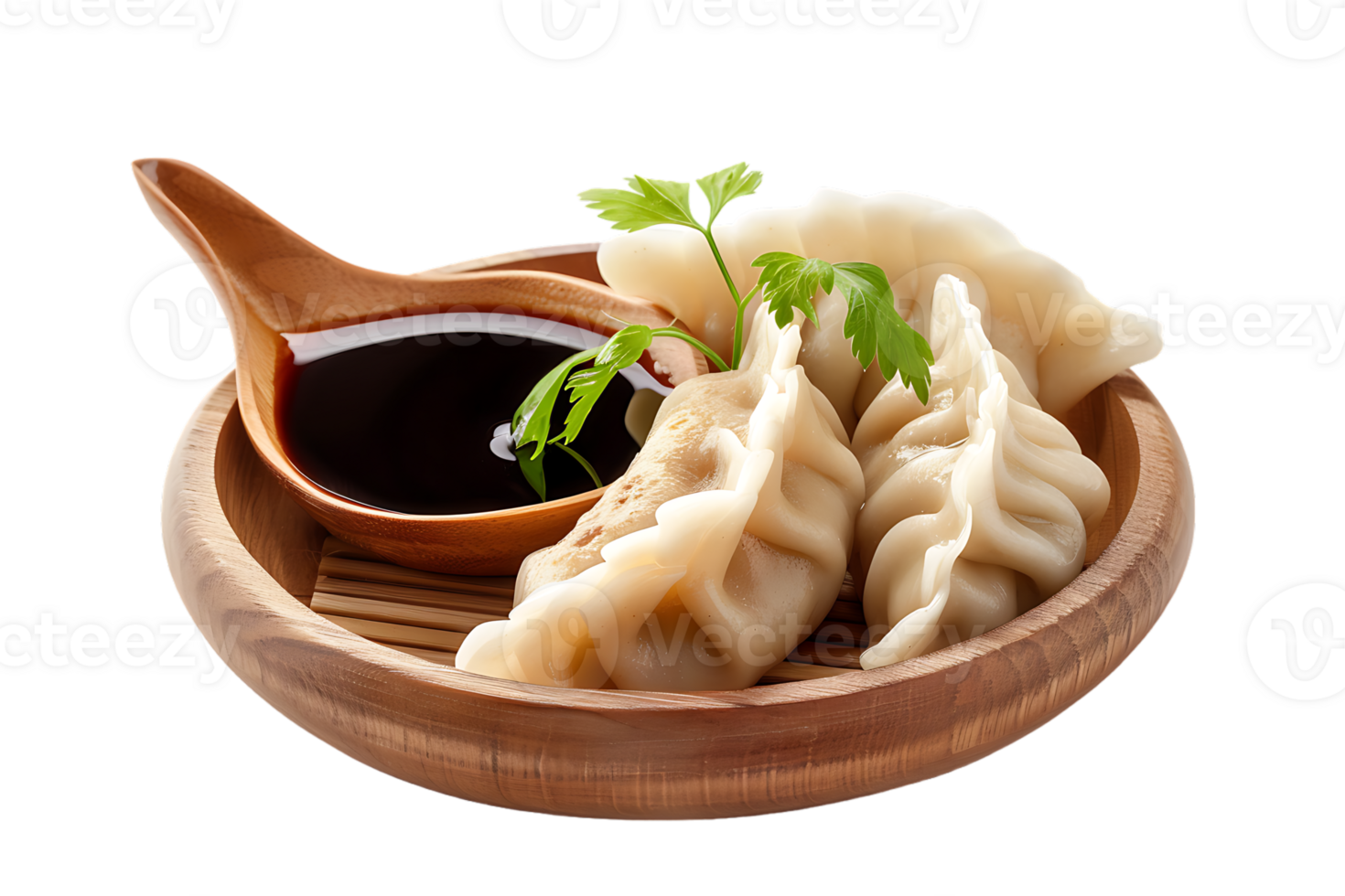 Dumplings with soya sauce on a branch, isolated against a transparent background png