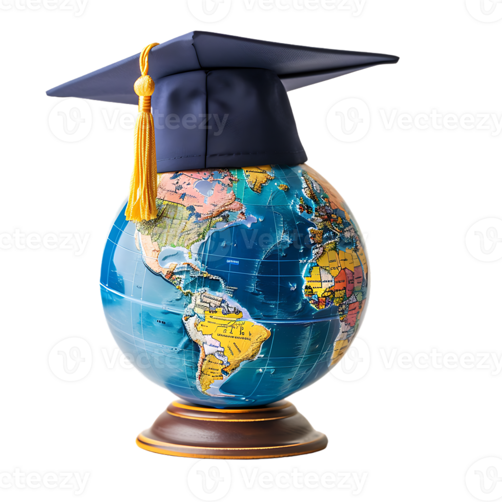 Earth globe with a graduation cap, isolated against a transparent background png