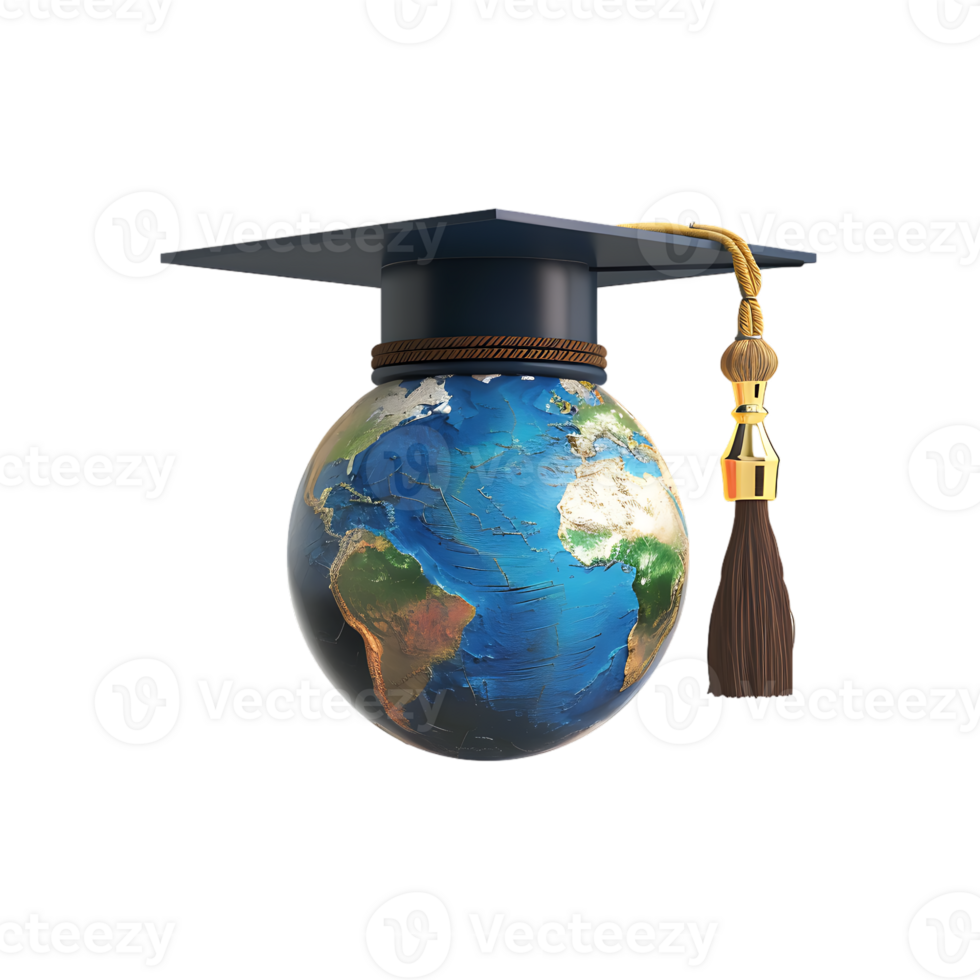 Earth globe with a graduation cap, isolated against a transparent background png