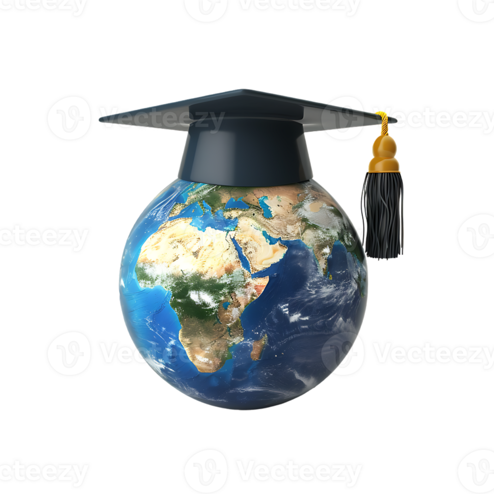 Earth globe with a graduation cap, isolated against a transparent background png