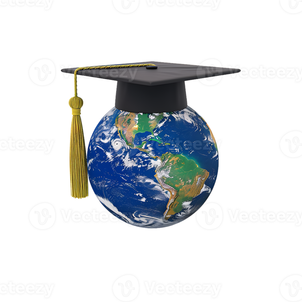 Earth globe with a graduation cap, isolated against a transparent background png