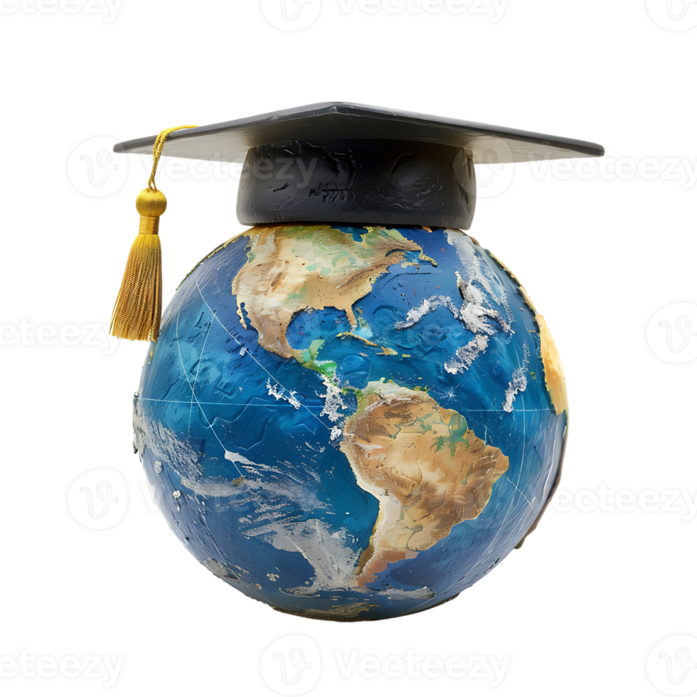 Earth globe with a graduation cap, isolated against a transparent background png