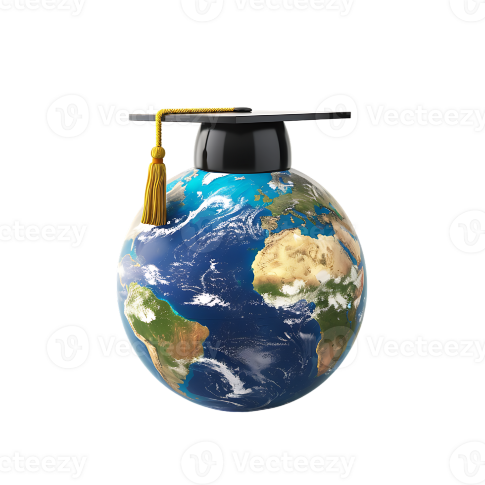 Earth globe with a graduation cap, isolated against a transparent background png