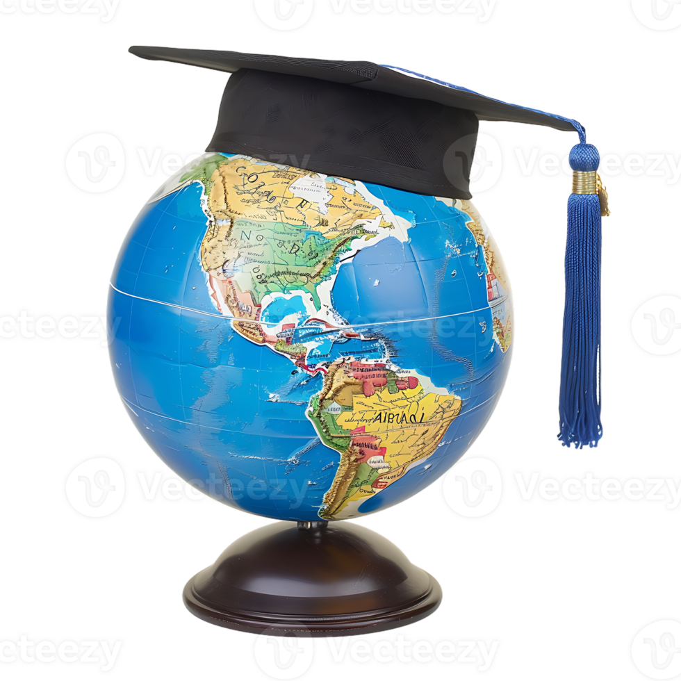 Earth globe with a graduation cap, isolated against a transparent background png