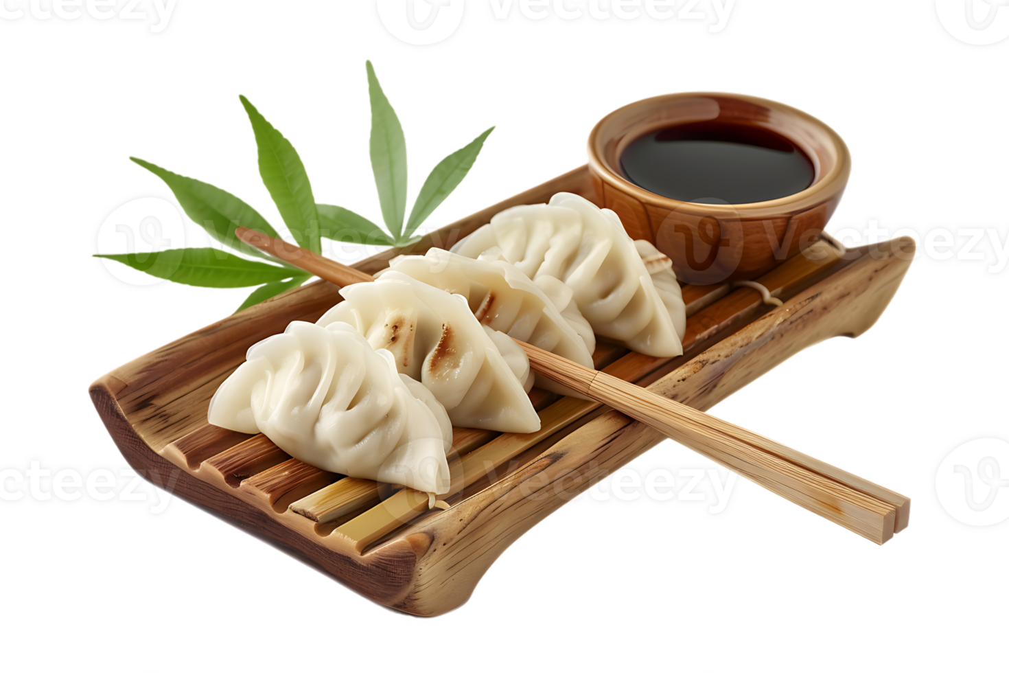 Dumplings with soya sauce on a branch, isolated against a transparent background png