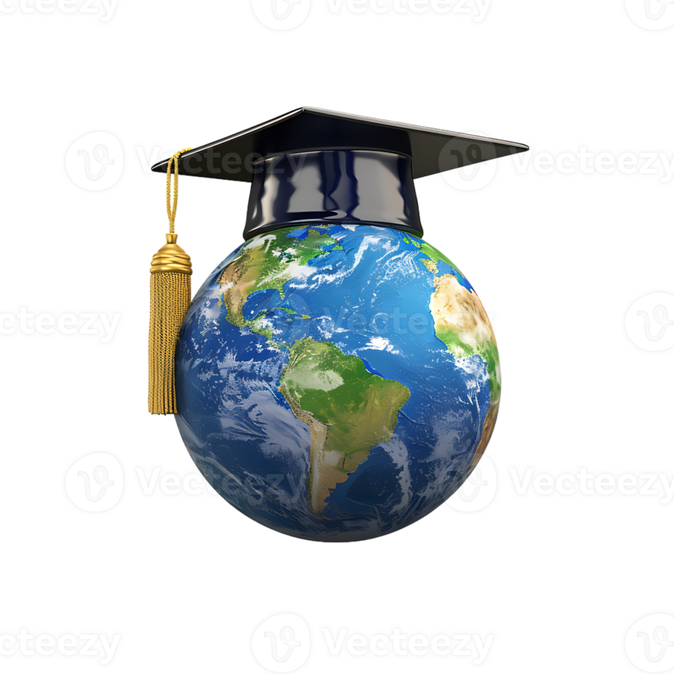 Earth globe with a graduation cap, isolated against a transparent background png