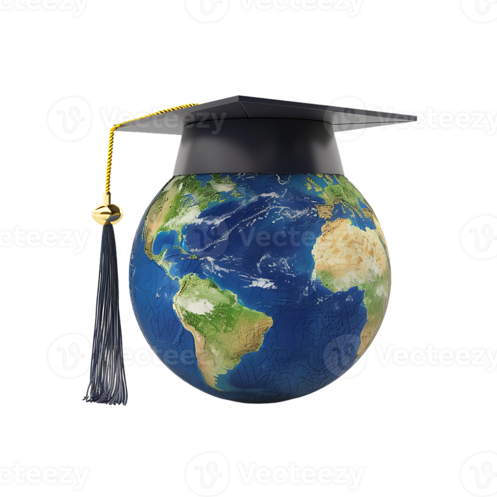 Earth globe with a graduation cap, isolated against a transparent background png
