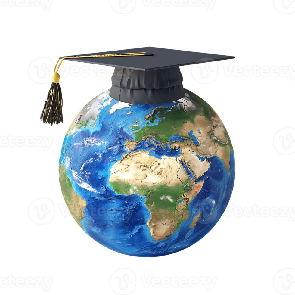 Earth globe with a graduation cap, isolated against a transparent background png