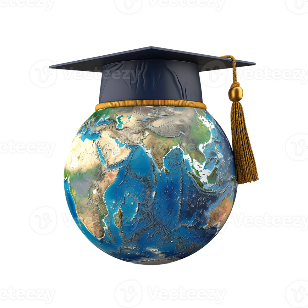 Earth globe with a graduation cap, isolated against a transparent background png
