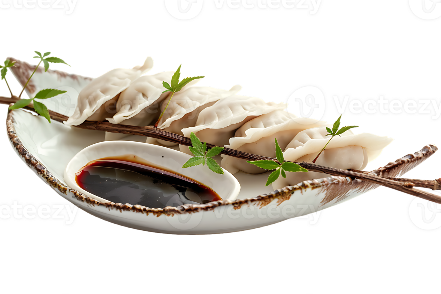 Dumplings with soya sauce on a branch, isolated against a transparent background png