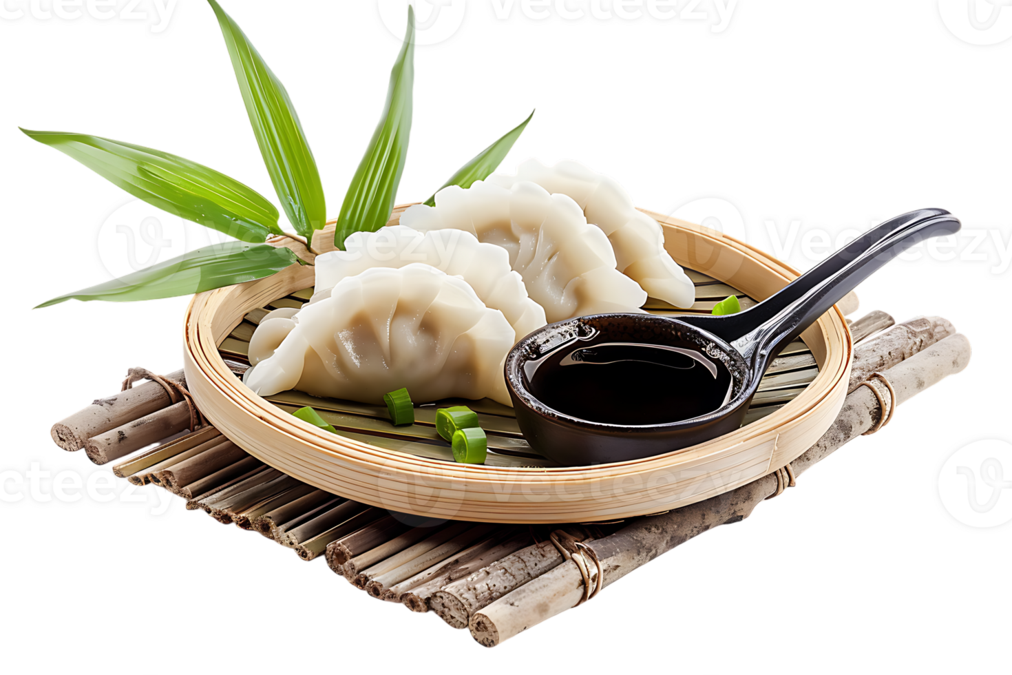 Dumplings with soya sauce on a branch, isolated against a transparent background png