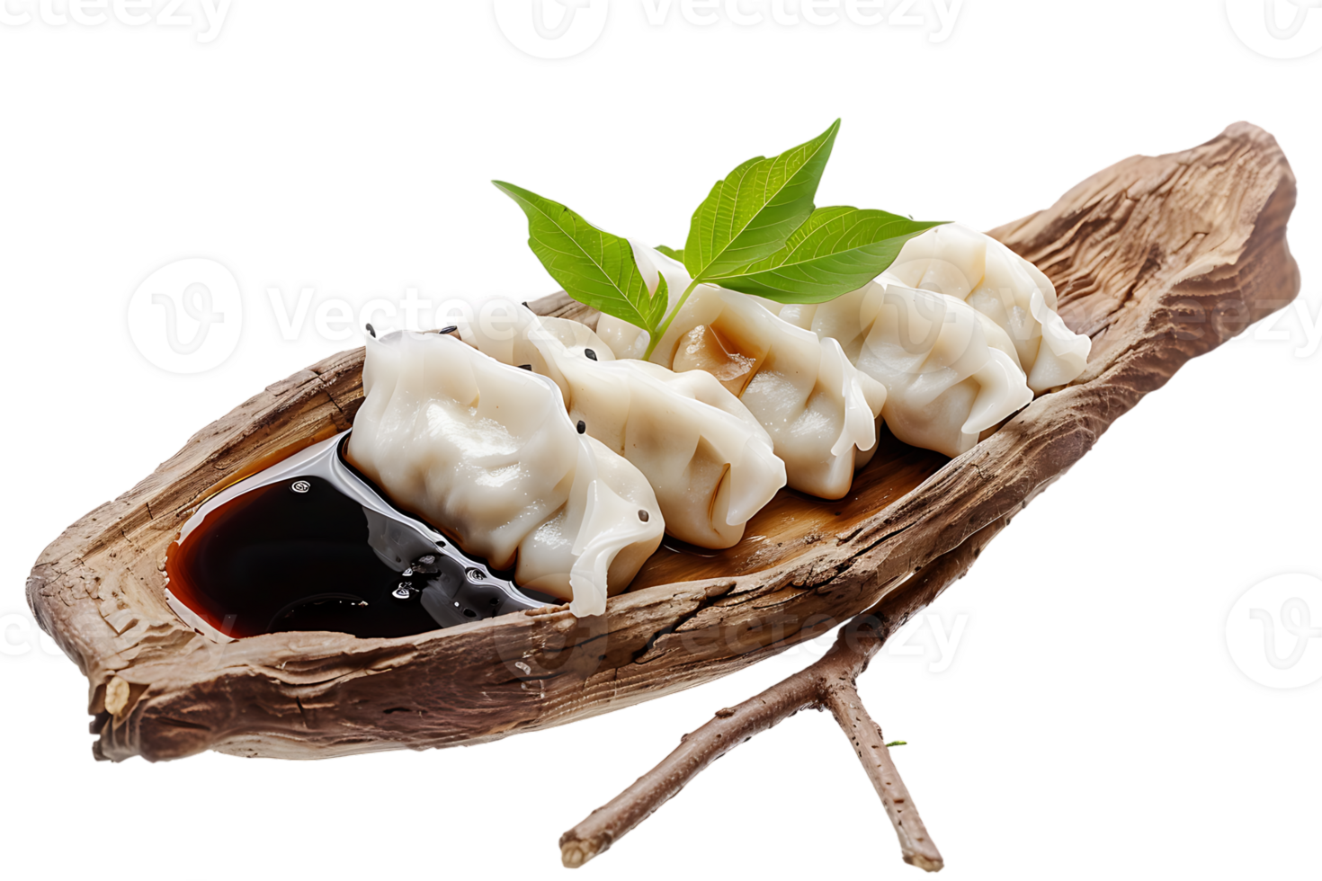 Dumplings with soya sauce on a branch, isolated against a transparent background png
