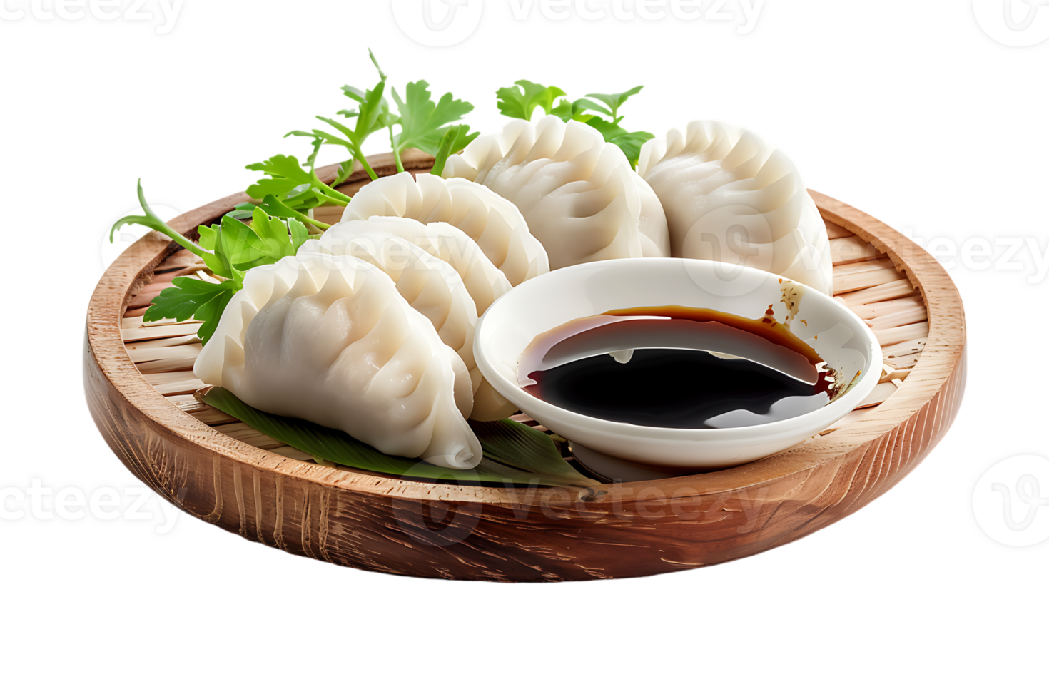 Dumplings with soya sauce on a branch, isolated against a transparent background png