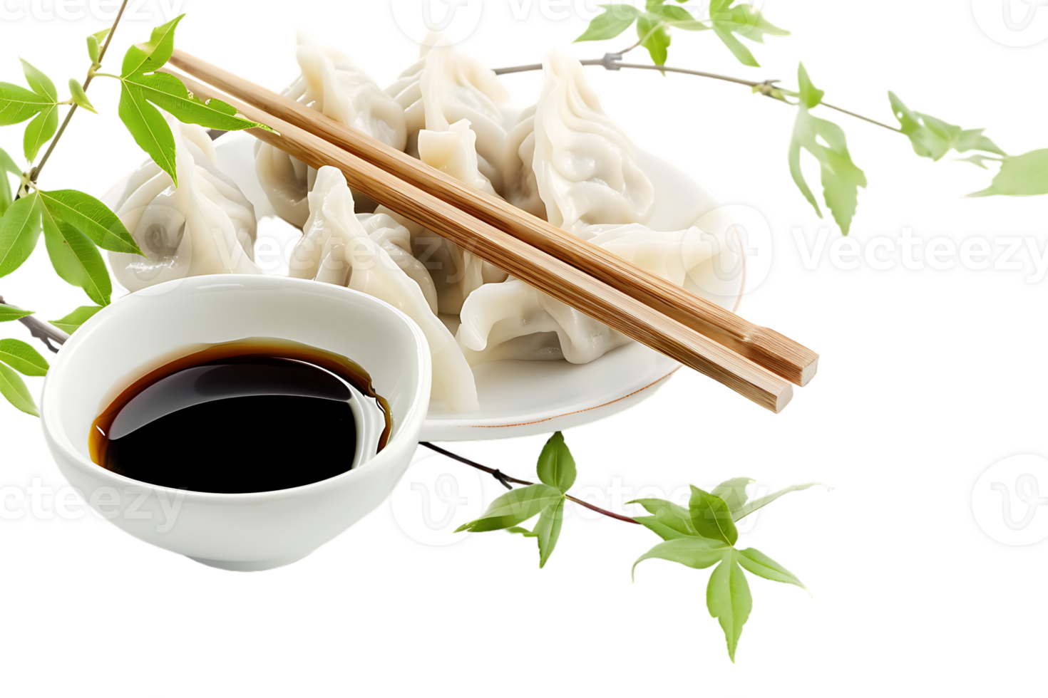 Dumplings with soya sauce on a branch, isolated against a transparent background png