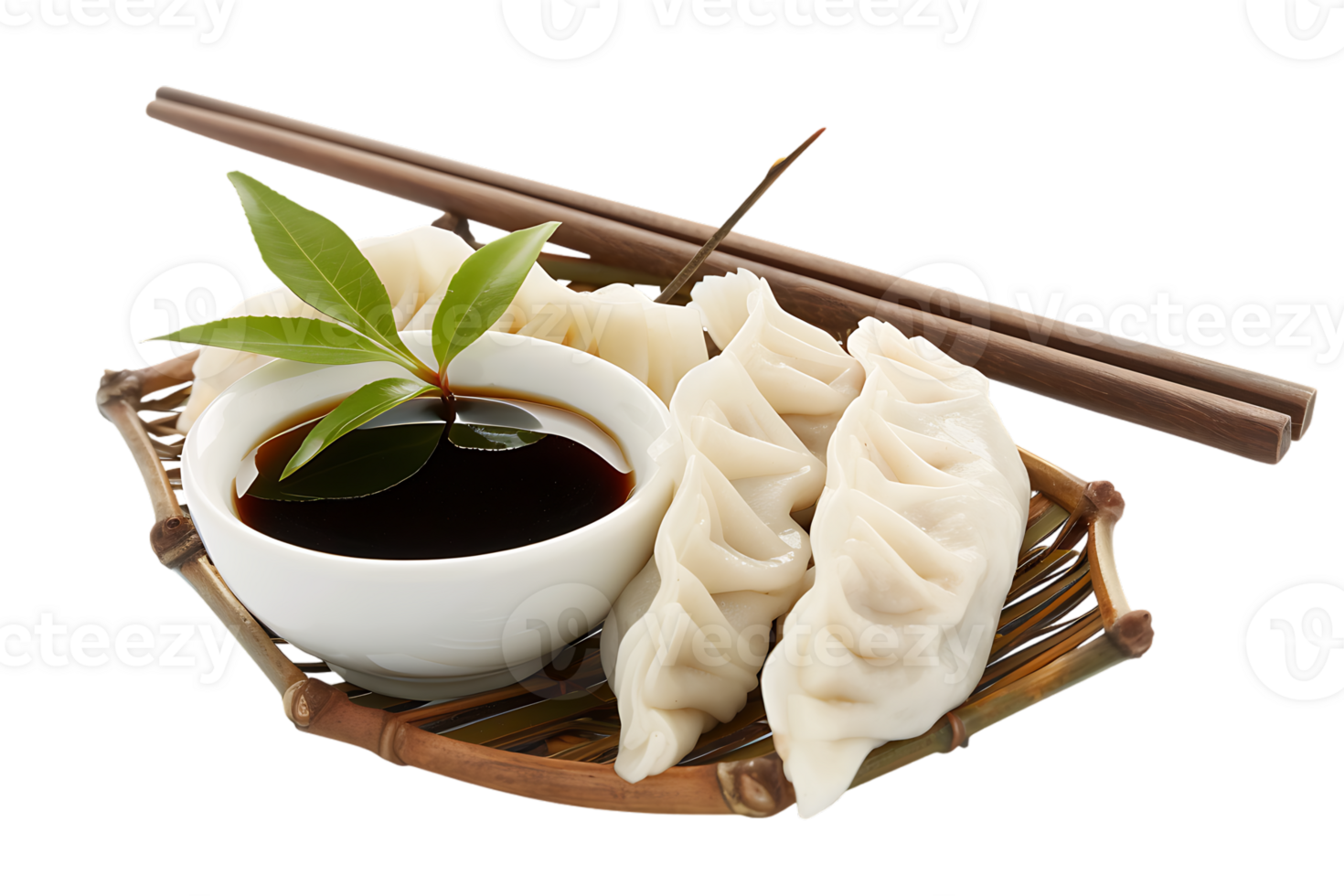 Dumplings with soya sauce on a branch, isolated against a transparent background png