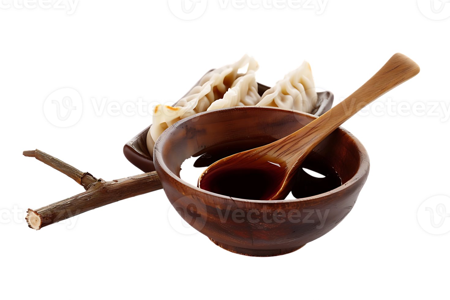 Dumplings with soya sauce on a branch, isolated against a transparent background png